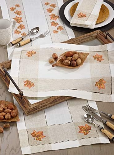 SARO LIFESTYLE 2231.I1419B Hommage Brodé Collection Embroidered Leaf Hemstitch Placemats (Set of 4) 14" x 19" Ivory