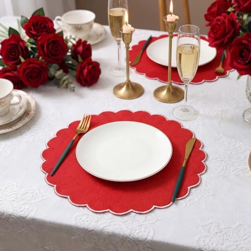 Set of 24 Red Cotton Placemats 15" Round Scalloped White