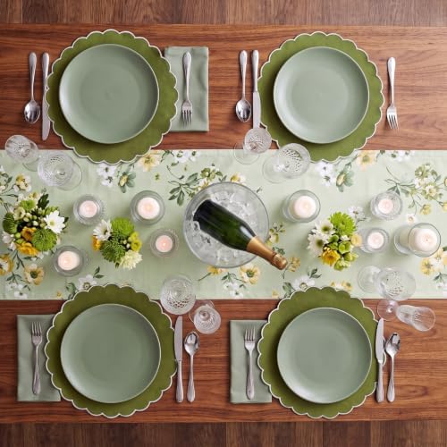 Set of 12 Olive Green Cotton Placemats 15" Round Scalloped White