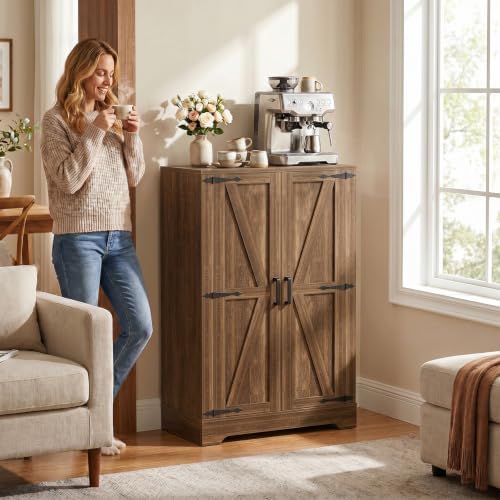 Unikito Kitchen Pantry Cabinet with Adjustable Shelves, Weathered Brown