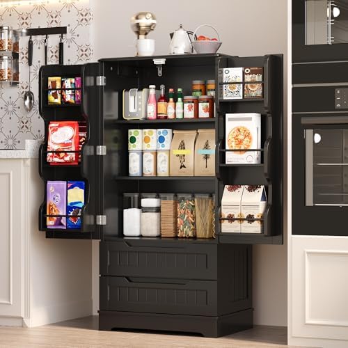 Gizoon 47'' Kitchen Pantry Cabinet with Drawers for Dining Room, Black