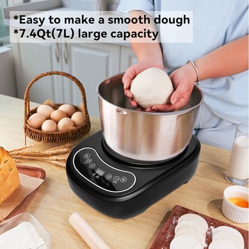 7.4QT Electric Dough Mixer for Bread and Pizza Dough, Dough Maker Featuring a Ferment Function.304 Stainless Steel Whisk and a Top Small Window for Easy Add Water and Seasoning(Black）