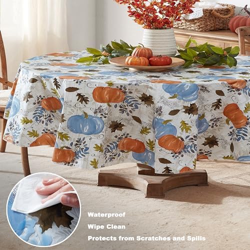 Newbridge Thanksgiving Blue Pumpkin 60 x 84 Inch Oval Vinyl Tablecloth