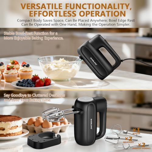 BAIGELONG Hand Electric Mixer, 5-Speed KitchenMixer with 5 * 304 Stainless Steel Attachments + Storage Base, 200W Portable Food Handheld Mixer for Baking, Whipping Cream, Cake Mixing, Gray/Black