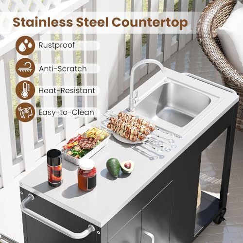 Happygrill 56" Outdoor Grill Table with Sink, Drainage & Storage Cabinet