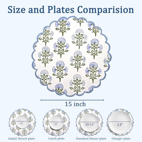 Ridhi Floral Block Print Round Placemats 15 in, Set of 4, Mughal Buta Blue