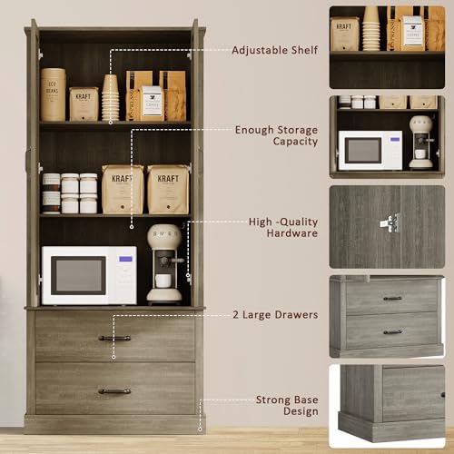 Takywep Freestanding Farmhouse Pantry Cabinet with Barn Doors, Adjustable Shelves & Large Drawers,Versatile Kitchen Storage Cupboard for Dining or Living Room,Pastoral Gray