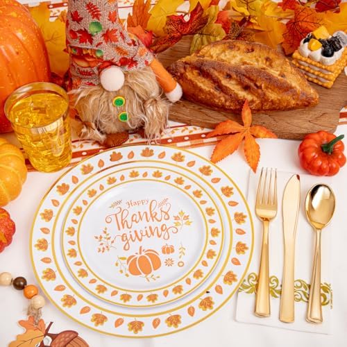 LIYH 175 Pcs Thanksgiving Plastic Plates and Napkins Sets, Thanksgiving Disposable Plates Heavyduty, Gold Plastic Silverware, Fall Pumpkins Plate for Autumn Harvest Day 25 Guests