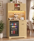 kepptory 72" Tall Bar Cabinet with Mini Fridge Space, Fluted Coffee Liquor Hutch Cabinet with Storage, Tall Home Bar with LED Light & Power Outlet for Kitchen Dining Room or Living, Natural