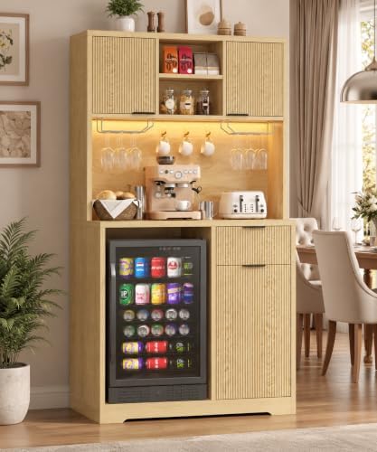 kepptory 72" Tall Bar Cabinet with Mini Fridge Space, Fluted Coffee Liquor Hutch Cabinet with Storage, Tall Home Bar with LED Light & Power Outlet for Kitchen Dining Room or Living, Natural
