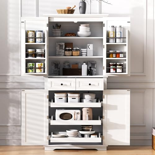 Merax 71" Tall Farmhouse Pantry Cabinet with Pull-Out Shelves, White