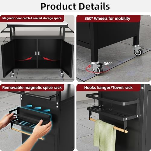 Outdoor Grill Cart Bar Cart with Storage Cabinet for Grilling Accessories（Black）