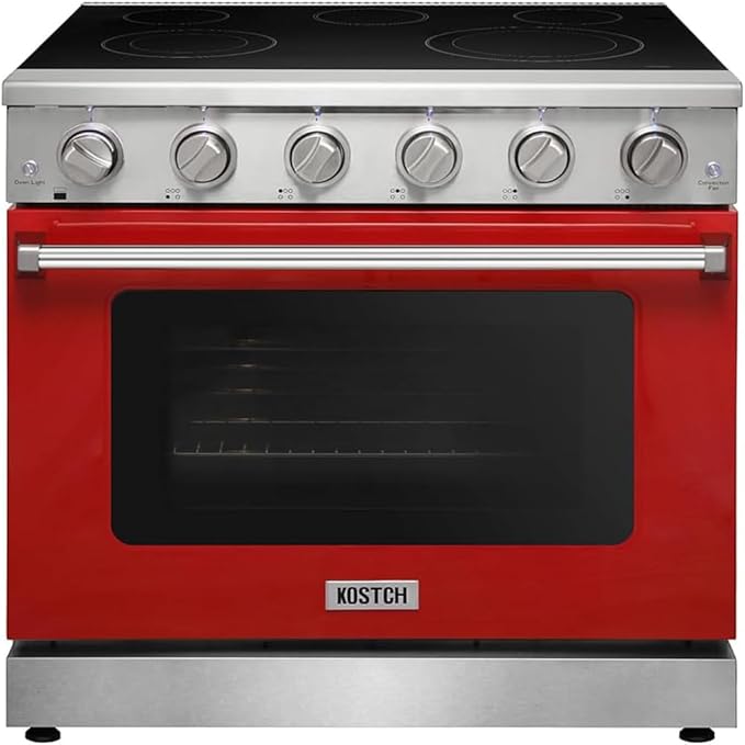 KOSTCH 36 inch Professional Electric Range with 5 Heating Elements Cooktop, 6.0 Cu. Ft. Convection Oven Capacity,Electric Stove Smooth Glass Top, in Stainless Steel KOS-36RE06H (Red)