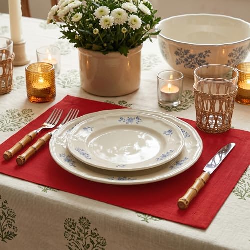 Solino Home 100% Pure Linen Woven Placemats Red, Fete 14 x 19 in, Set of 6