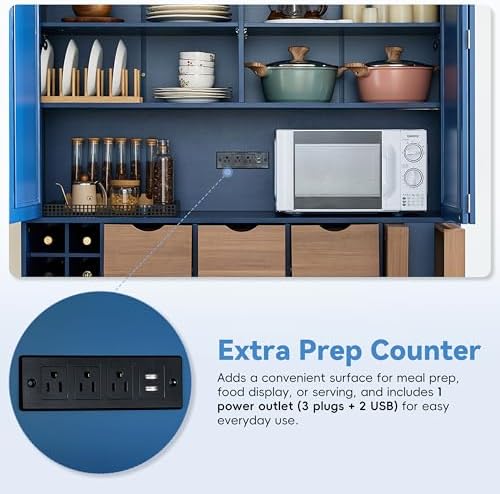 Merax Farmhouse 71" Large Kitchen Pantry Cabinet with Power Outlet, 53.2" Wide Storage Cupboard with 4 Foldable Doors, Adjustable Shelves, Wine Racks & Serving Trays, for Dining Room, Blue