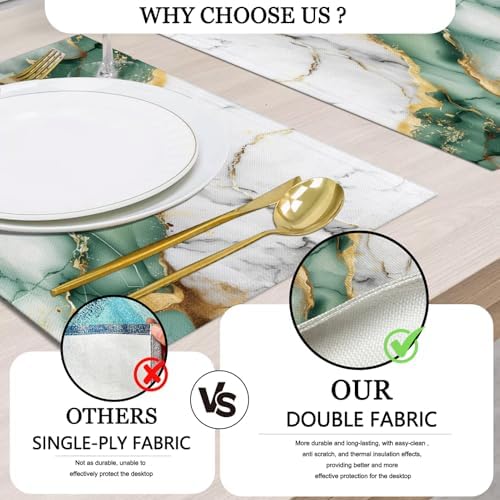 Mcalk Green Marble Table Runner and Placemats Set of 6, Marble Print Placemats, Modern Cloth Place Mats Indoor for Kitchen,Washable Linen Material for Dining Table