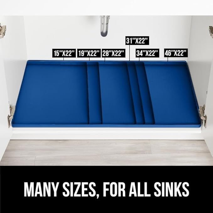 GORILLA GRIP Waterproof Silicone Under Sink Mat with Raised Lip for Kitchen and Bathroom, Cabinet Shelf Liner Stay in Place Mats Dishwasher Safe Drawer Liner, Organizer Tray, 19 x 22 in, Blue