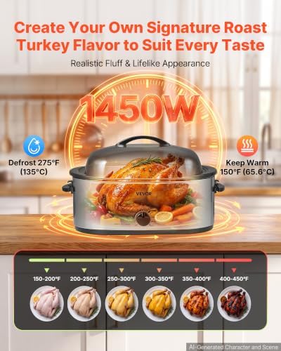 VEVOR Electric Roaster Oven, 22 Qt 1450W, Turkey Roasting Pan, Metal Lid