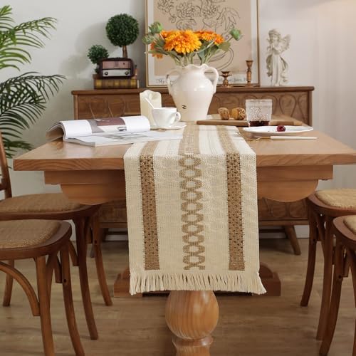 Niviy Boho Summer Table Runner with Tassels 12 x 72 Inches Long, Cream & Brown Rustic Farmhouse Table Runner with Tassels for Home Kitchen Holiday Party and Wedding Decor Runner