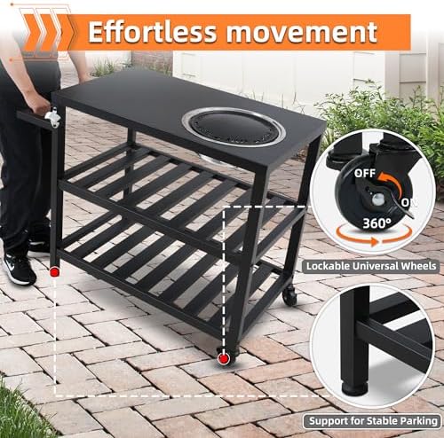 Outdoor Grill Cart with Grill Kit, Movable BBQ Prep Tables Station with Wheels, Dining Cart Table with 2-Tier Storage Cart, 33.3" Lx19.9W x33.2H Grill Table, Black