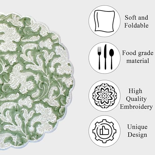 Ridhi Floral Block Print Round Placemats 15 Inch, Set of 4, Sage Green