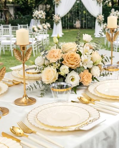 Ciaell 175 Piece Ivory and Gold Plastic Plates for Weddings Parties