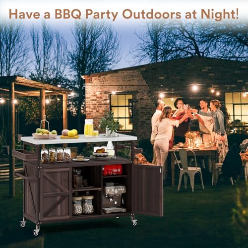 Zevemomo Outdoor Grill Cart with Storage, Lockable Casters, Brown