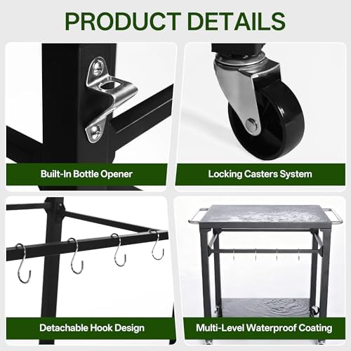 KEIKI 2-Tier Outdoor Grill Cart Table with 4 Wheels, Tool Hooks, Movable BBQ Cooking Prep Table, Pizza Oven Table, Serving Bar Cart for Backyard, Indoor, Outside, Kitchen, Stainless Steel