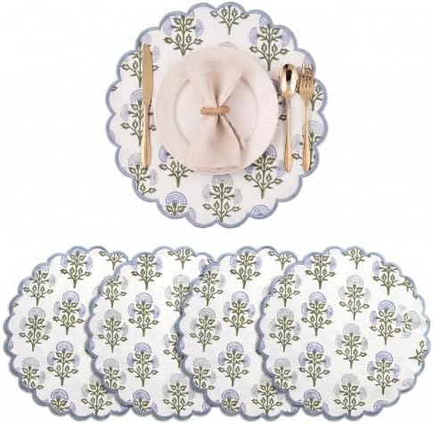 Ridhi Floral Block Print Round Placemats 15 in, Set of 4, Mughal Buta Blue