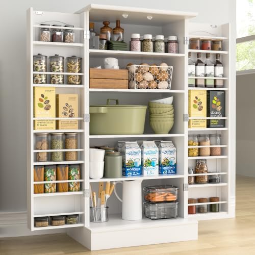 kepptory 47” Pantry Cabinet, Kitchen Pantry Storage Cabinet with Doors and Adjustable Shelves,Freestanding Buffet Cupboards Sideboard for Living Room and Dinning Room (White)