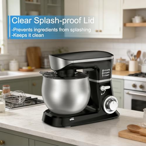 Electric Stand Mixer, Kitchen Mixer 6.5-Quart Tilt-Head, 6 Speeds with Dough Hook, Whisk, Beater, and Splash Guard, Stainless Steel Bowl for Baking