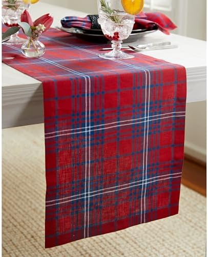 Solino Home 100% Pure Linen Table Runner, 14 x 120 in, Red and Navy Plaid