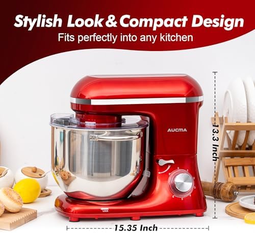 Aucma Stand Mixer, 8QT 900W 6-Speed Tilt-Head Food Mixer, Kitchen Electric Mixer with Dough Hook, Wire Whip & Beater (Red, 8QT)