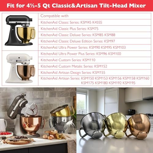 5 Quart Metallic Finish Stainless Steel Mixer Bowl for KitchenAid Classic&Artisan Series 4.5-5 QT Tilt-Head Mixer, Gray Color, Silicone Scraper, Dishwasher Safe, Fit K45SS KSM75 KSM90 KSM150