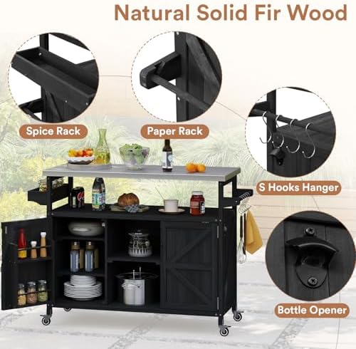Zevemomo Outdoor Grill Cart with Storage, Lockable Casters, Black