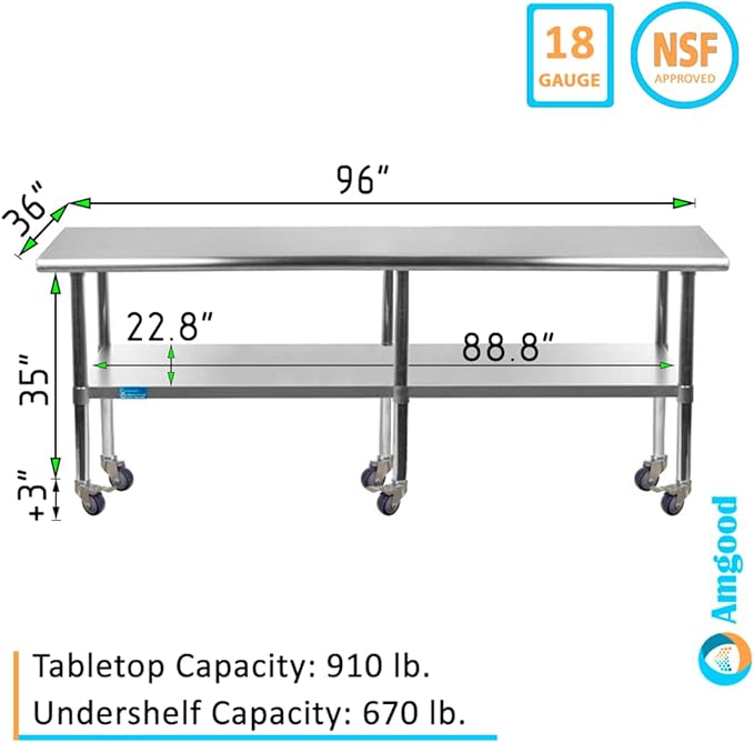 AmGood 96" Long x 36" Deep Stainless Steel Table with Casters
