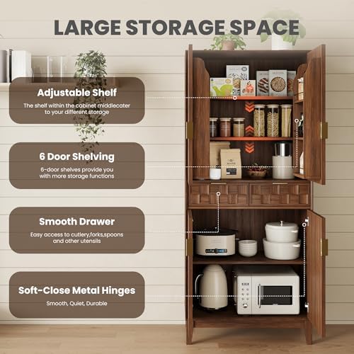 Pantry Cabinet, 71" Tall Pantry Cabinet,Modern Kitchen Cabinet with Doors, Drawers & Adjustable Shelves, Freestanding Food Pantry Cupboard with Side Rack for Kitchen Dining Room,Walnut
