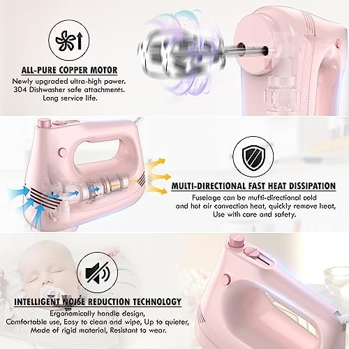 GUALIU Electric Hand Mixer, 304*(2* Beaters, 2* Dough Hooks), (1* Storage Bag) Handheld Mixer for Baking Cakes, Eggs, Cream Food Mixers, Turbo Boost /5 Speed Kitchen Blender PINK