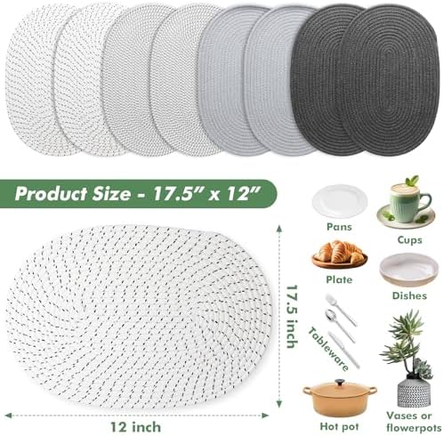 Oval Woven Placemats Set of 8 Heat Resistant Placemats 17.5 x 12 Inches Farmhouse Cotton Rope Place Mats for Dining Tables Trivets for Hot Dishes, Grey Set