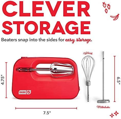Dash SmartStore Hand Mixer - Electric Handheld Mixer For Everyday Baking - 3-Speed Power and One-Touch Beater Ejector Button - Red, Includes Whisk and Milkshake Attachments