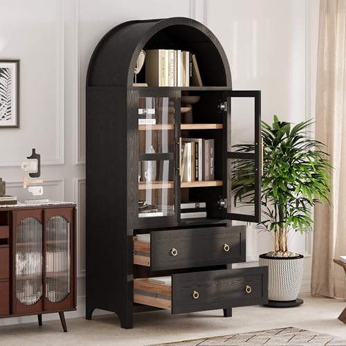 Ball & Cast Arched Kitchen Pantry Cabinet with Glass Door&2 Large Drawers,Modern Farmhouse Kitchen Storage Cabinets W/Adjustable Shelves,Wood Versatile Cupboard for Kitchens,Dining Room,Black,71" Tall