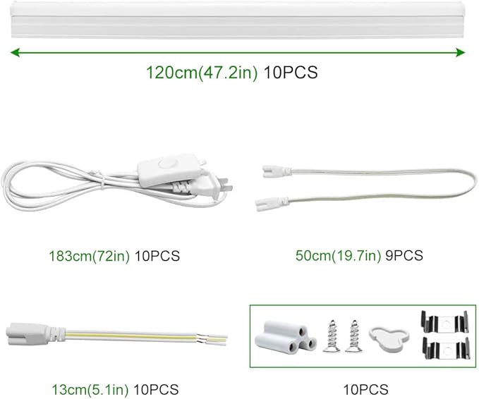 LightingWill 10 Pack LED Shop Light 4FT, Daylight White 6000~6500K, 20W, Linkable T5 Integrated Fixture, Utility LED Ceiling Light and Under Cabinet, Corded Electric with Built-in ON/Off Switch