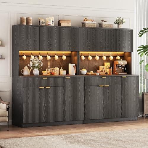 Jocoevol Fluted Kitchen Pantry Storage Cabinet with Charging Station & LED Lights,71" Tall Kitchen Hutch with Microwave Stand, Adjustable Shelves,Storage Doors (Black, 41 * 71 * 15.7)
