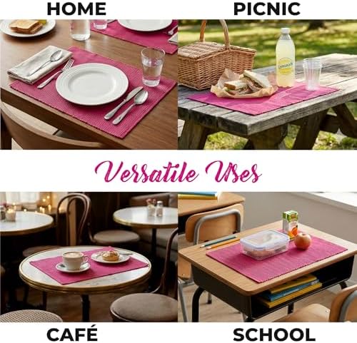 100% Cotton Ribbed Placemats - Set of 6-13 x 19 Inches - Fuchsia/Bright Pink - Everyday Basic Fabric Table Mats - Thick Construction, Washable Cloth Place Mats - by AVKA Studio