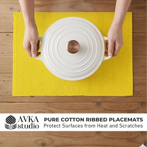 100% Cotton Ribbed Placemats - Set of 4-13 x 19 Inches - Yellow - Everyday/Thanksgiving/Fall Thick Construction Fabric Table Mats - Washable Reusable Cloth Place Mats - by AVKA Studio
