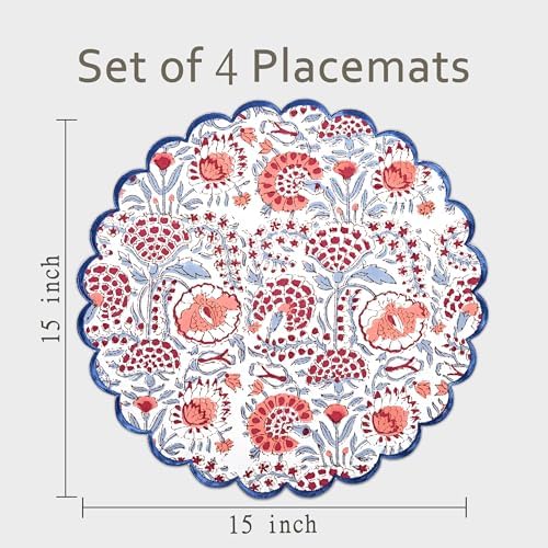 Ridhi Floral Block Print Round Placemats 15 Inch Set-4, Pigeon Blue & Pink