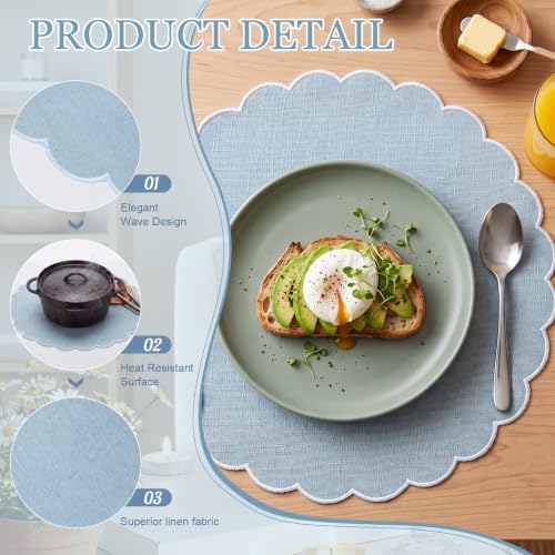 Set of 12 Gray Blue Cotton Placemats 15" Round Scalloped White