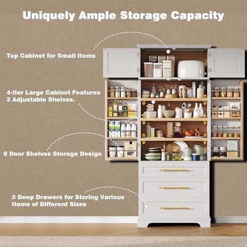 Ball & Cast 78" Tall Farmhouse Kitchen Pantry Cabinet,Freestanding Storage Cabinet with 8 Door Shelves, 3 Adjustable Shelves & 3 Large Drawers, Kitchen Pantry Cupboard for Dining Room, Bathroom, White