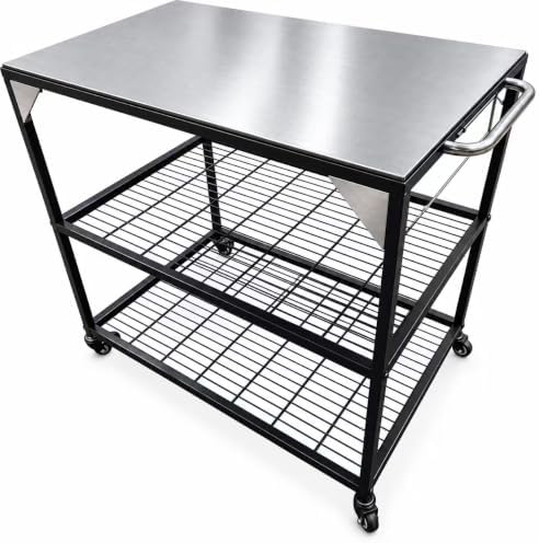 Outdoor Pizza Oven Table, Grill Cart with Wheels, Metal BBQ Prep Table and Outdoor Cooking Station, Compatible with Ooni Pizza Ovens and Blackstone Griddles