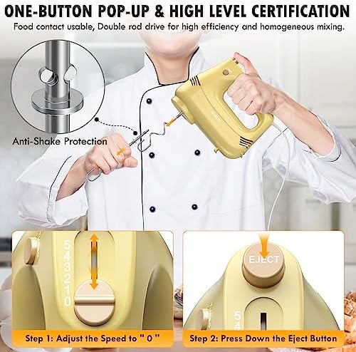 GUALIU Electric Hand Mixer, 304*(2* Beaters, 2* Dough Hooks), (1* Storage Bag) Handheld Mixer for Baking Cakes, Eggs, Cream Food Mixers, Turbo Boost /5 Speed Kitchen Blender YELLOW